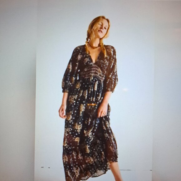 Free People Golden Hour Smocked Puff Sleeve Navy Boho Maxi Dress Sz Lg - Picture 3 of 16